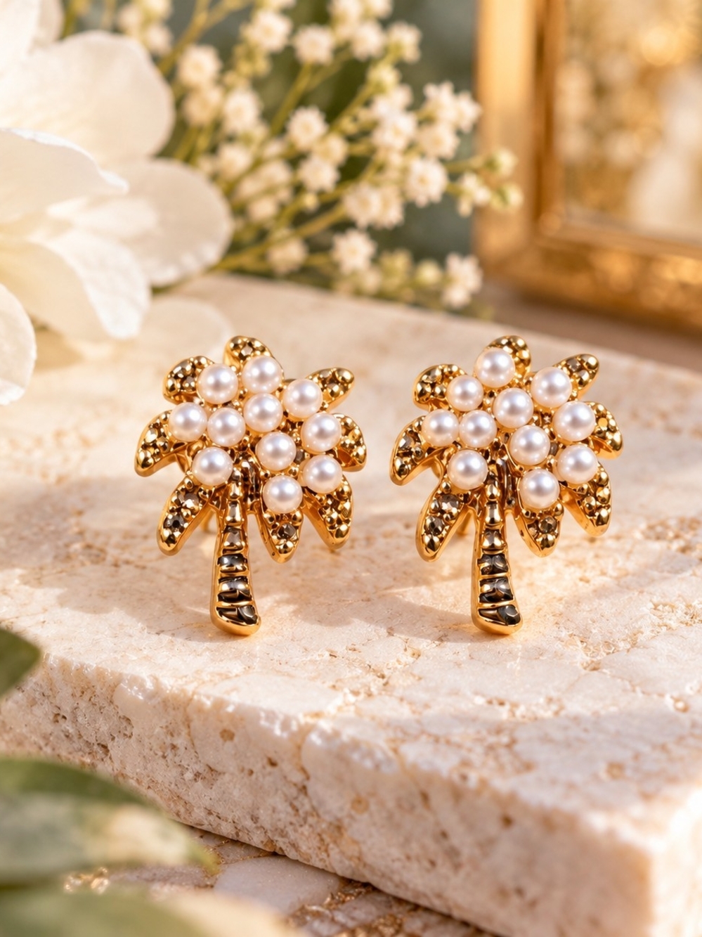 Gold Pearl Palm Tree Stud Earrings - Women Jewelry